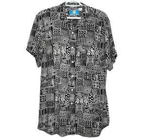 Vintage 90s Rayon Lizard Tribal Print Button Up Shirt Black White M